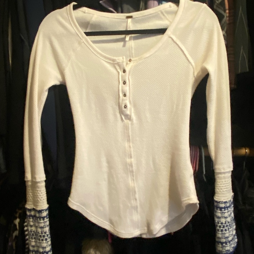 Free People Knit Cuff Waffle Thermal White and Blue Women's Top Xs